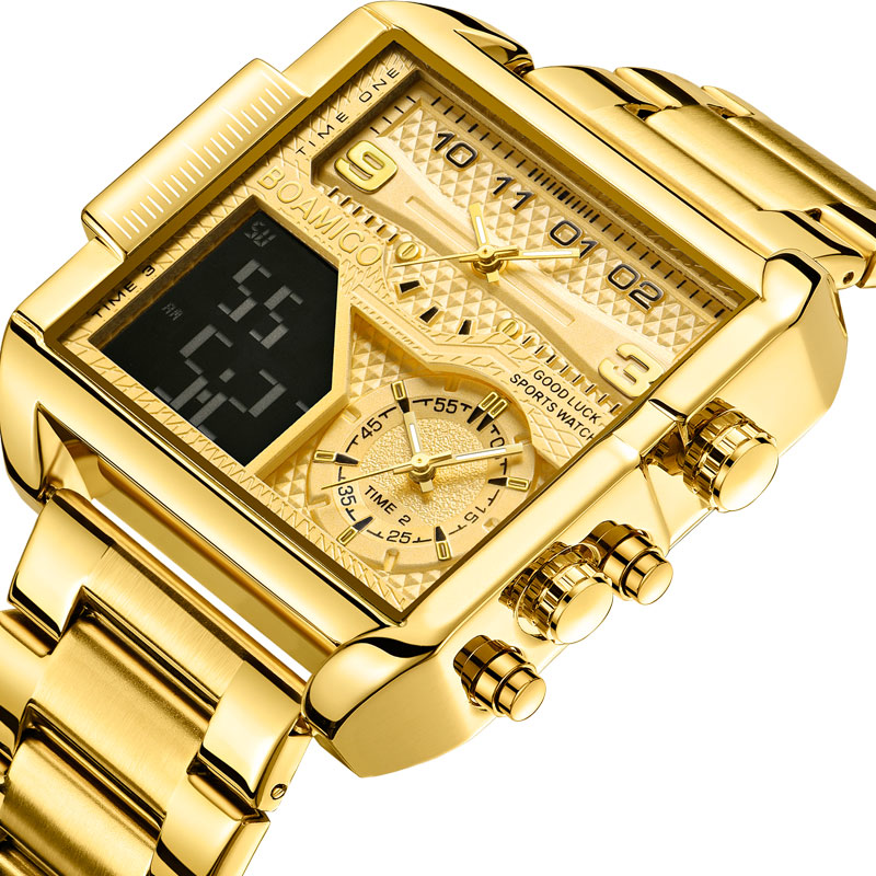 2022 new Top Brand Luxury Fashion Men Watches Gold Steel Sport Square Digital Analog Big Quartz Watch for Man relogio masculino
