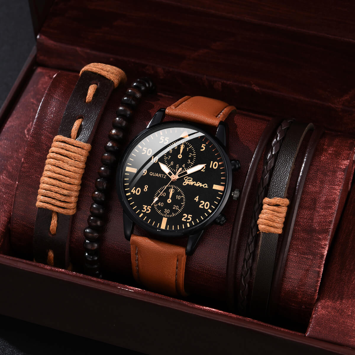 4pcs Set Men Watches Luxury Fashion Design Leather Quartz Men's Watch
