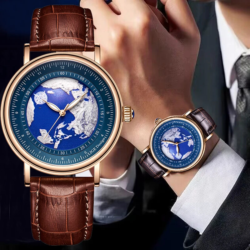 LIGE Genuine Men's Globe Watch