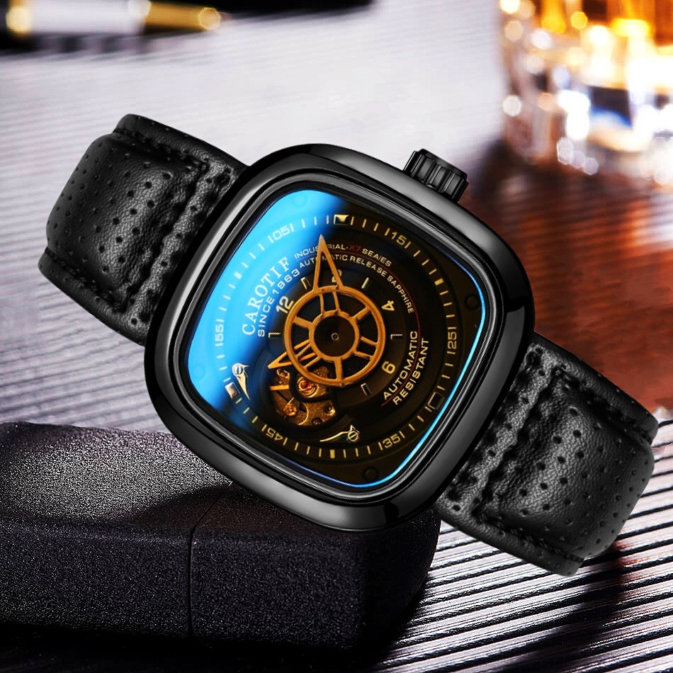 2023 Carotif Men's Square Skeleton Mechanical Watch