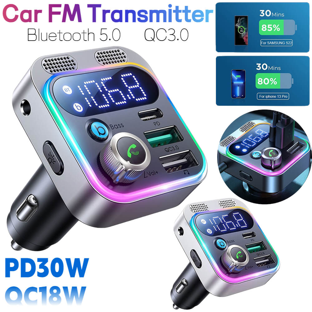 New Bluetooth 5.3 FM Transmitter for Car, [Stronger Dual Mics Deep Bass Sound] , 48W PD&amp;QC3.0 Car Charger Bluetooth Adapter