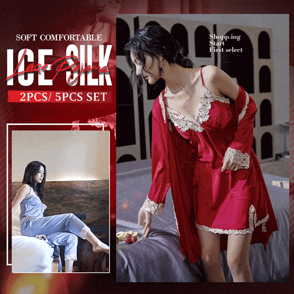 Soft Comfortable Ice Silk Lace Pajamas 2pcs Set