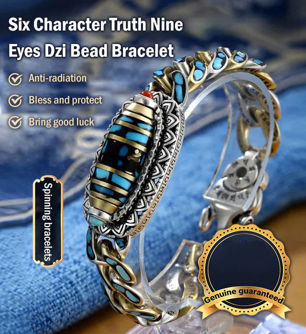 Limited Time Offer . Turquoise Six Character Nine Eyes Dzi Bead Bracelet .