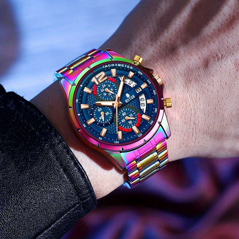 Fashionable and personalized men's waterproof quartz fantasy color steel watch