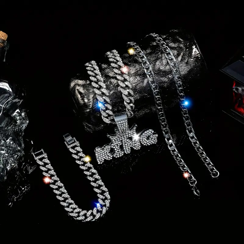 Punk Hip Hop Crown Letter KING Pendant Cuban Chain Necklace Bracelet (3 Pcs)