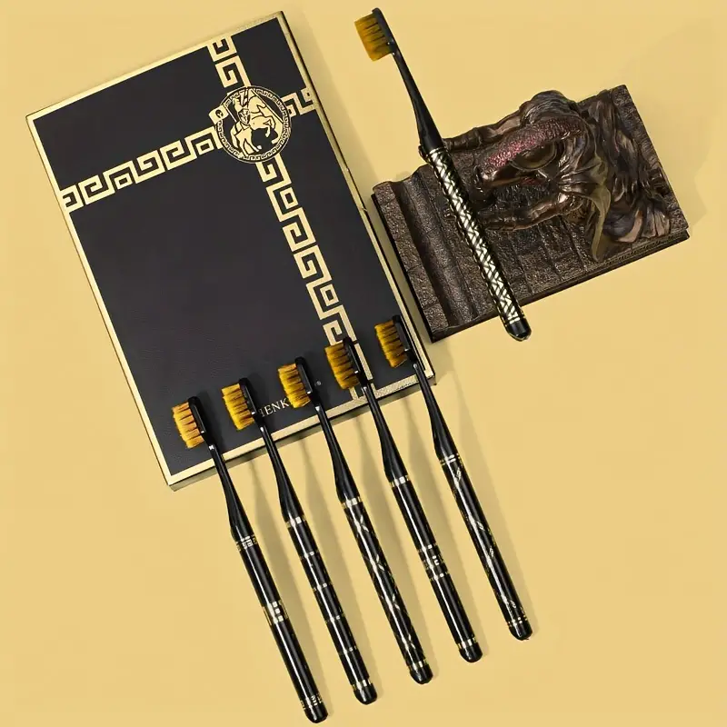 6-Pack Black and Gold Printed Toothbrushes