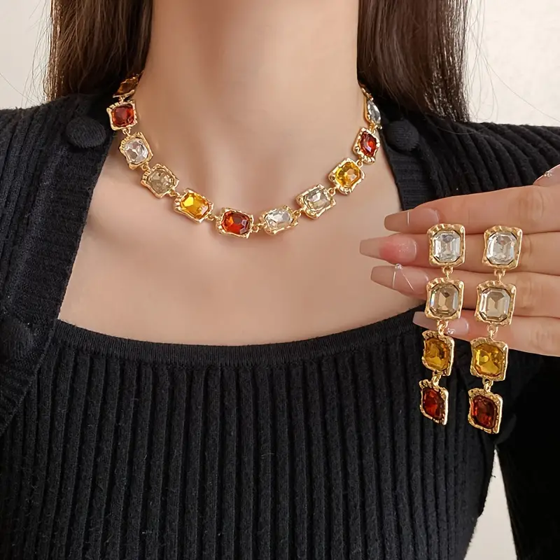 Geometric Cut Colorful Rhinestones Choker Necklace and Earrings Luxury Style Jewelry For Banquet