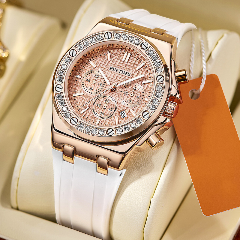 Three-hand calendar diamond silicone ladies watch