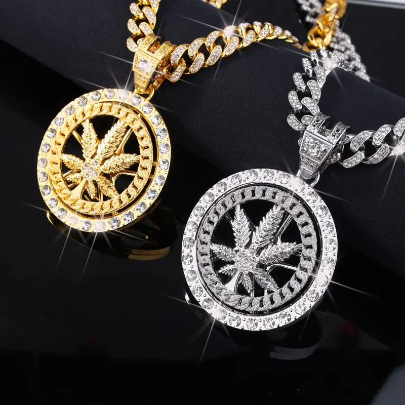 Fashion Hip Hop Crystal Shining Rotating Maple Leaf Pendant Necklace