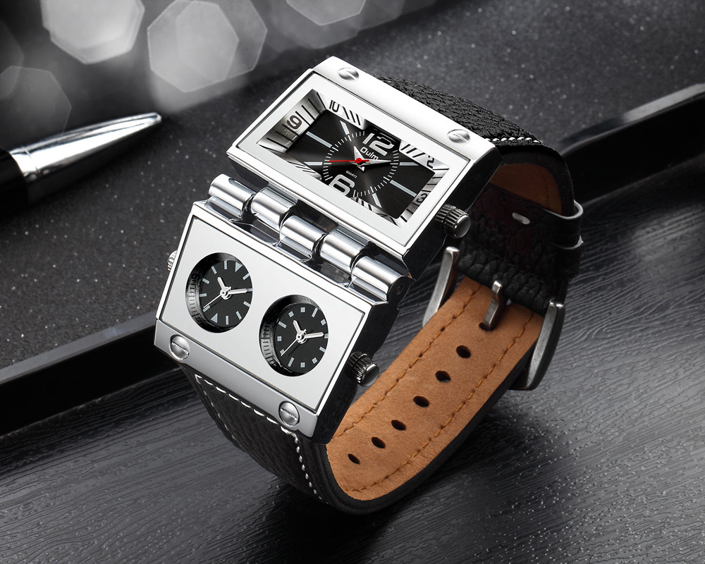 Oulm HP9525 Men's Watch Large Dial | Multi-Time Zone Rectangular Quartz Retro Men's Watch