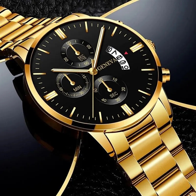 Fashion men's quartz watch with stainless steel band【Free pair of 18k gold plated rings】