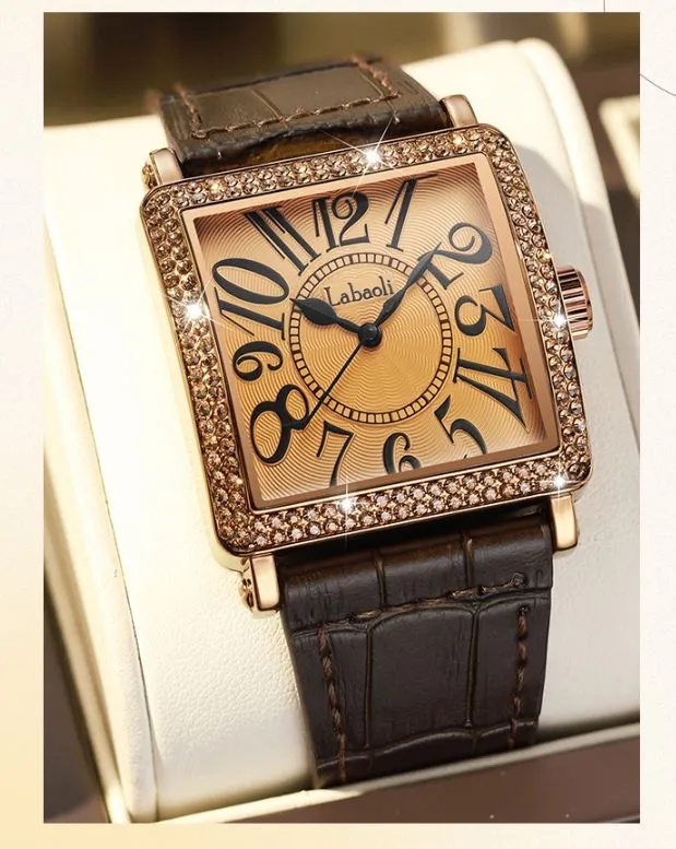 Designer-designed retro square light luxury diamond-studded leather strap watch