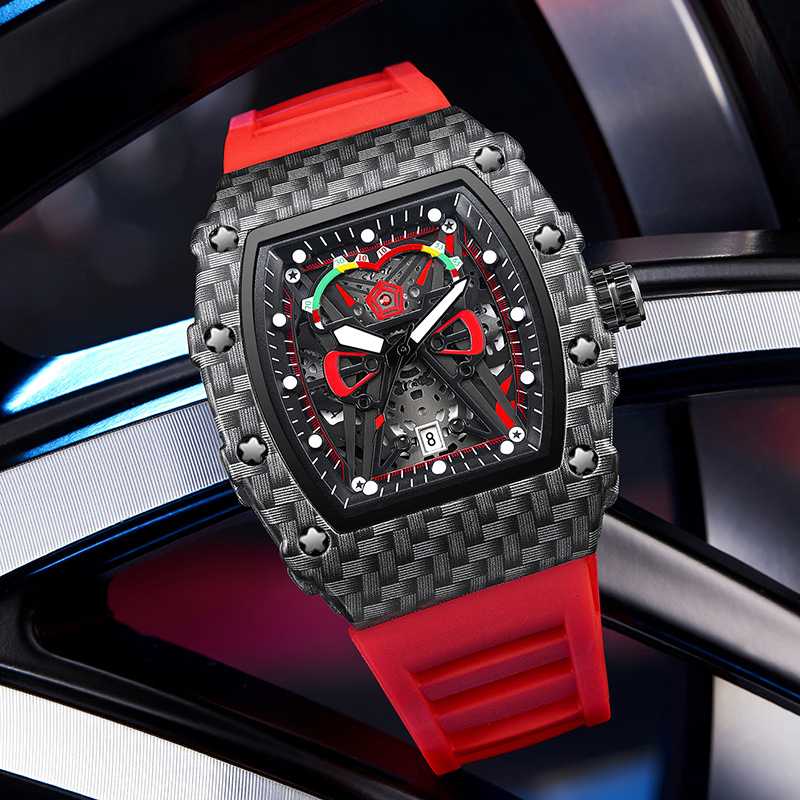 Trendy carbon fiber waterproof luminous large dial wine barrel men's watch