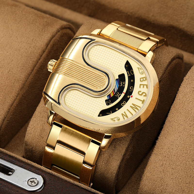 Men's gold watch, unique sports design, men's gold quartz watch, men's waterproof steel watch