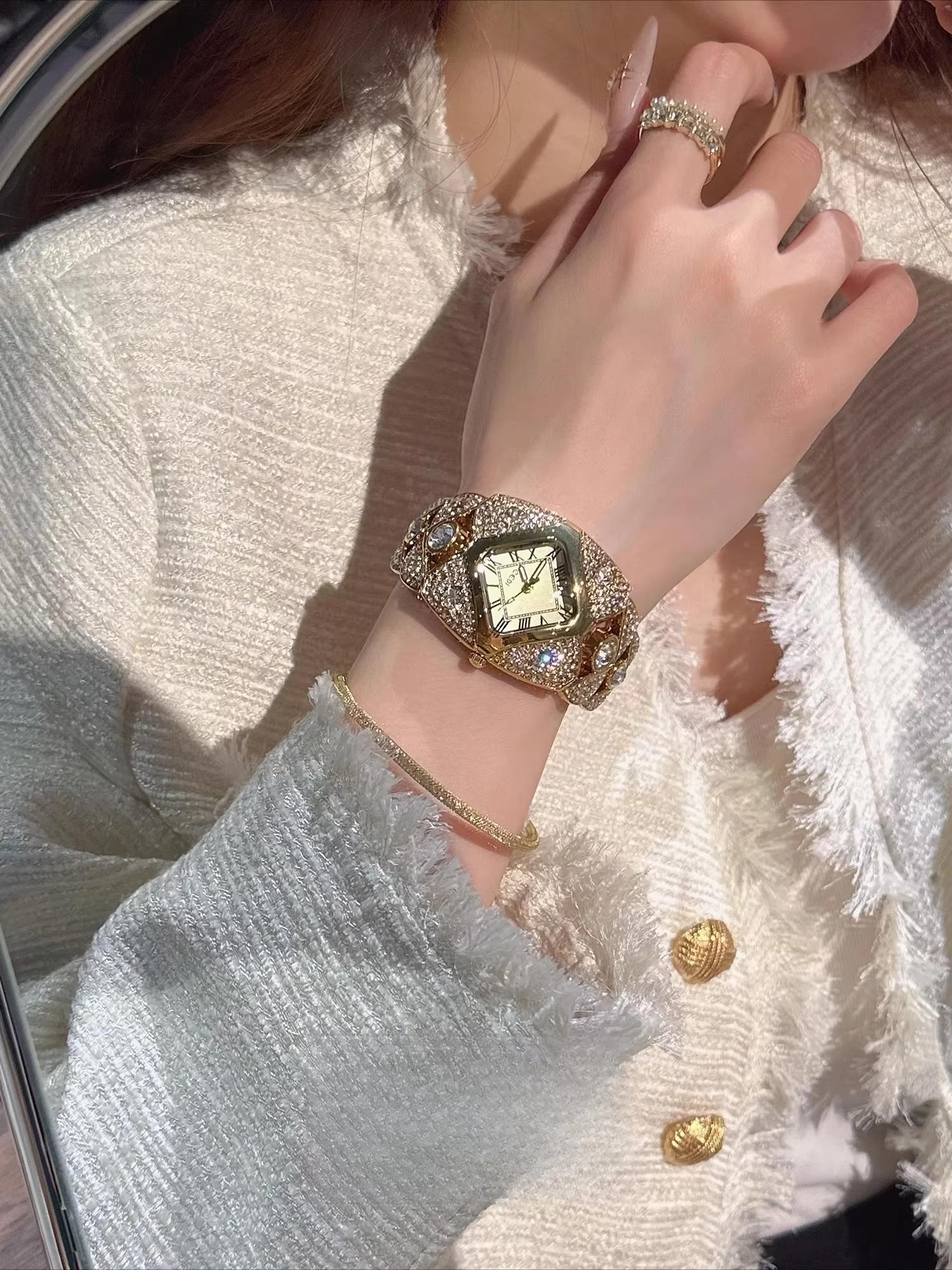 Fashionable square high-end diamond tassel bracelet watch