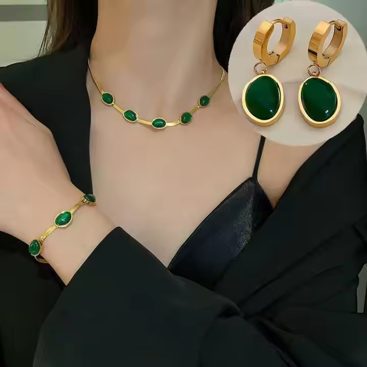 Gold Plated Stainless Steel Blade Chain Emerald Green Necklace Bracelets Earrings for Women Waterproof Jewelry Set Gift