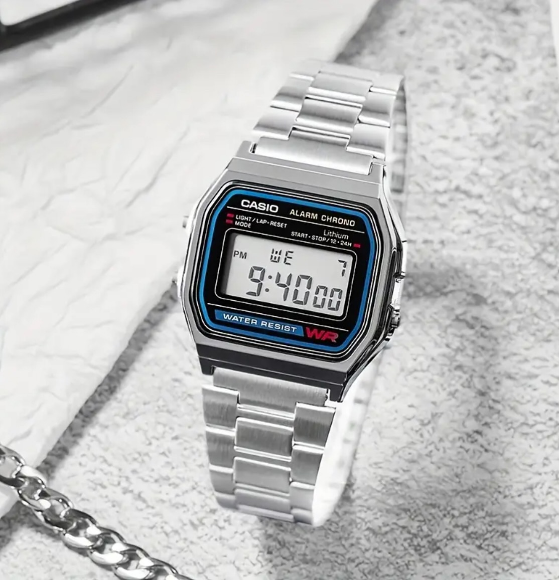 A classic silver digital sports watch for both men and women