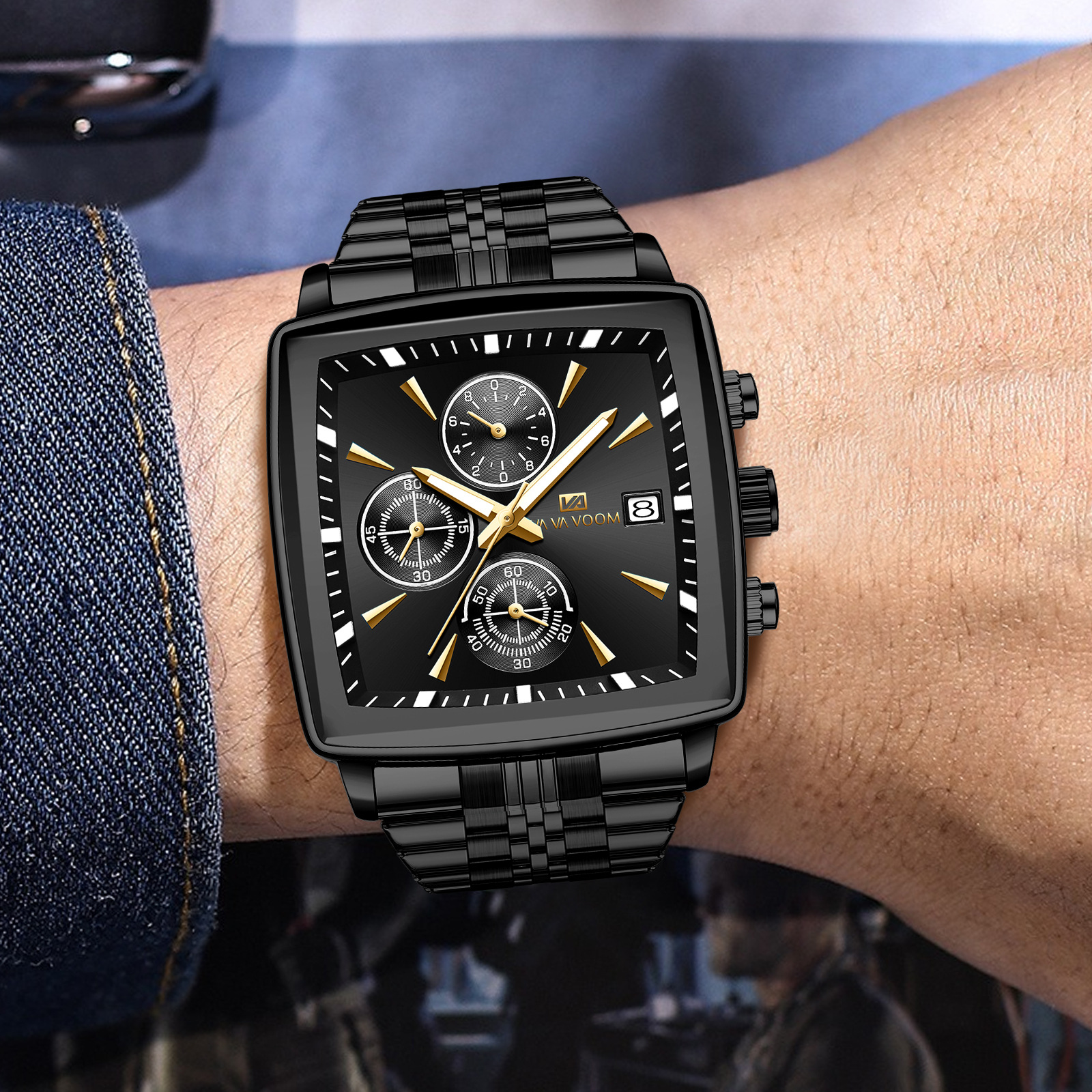 2025 New Luxury Square Sports Men's Watch Waterproof Luminous Chronograph Quartz Men's Watch Stainless Steel Strap