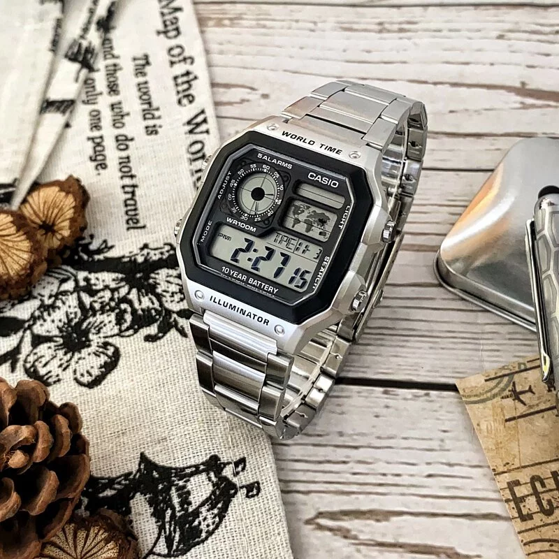 CASIO Square Stainless Steel World Map Digital Watch AE-1200WHD-1A