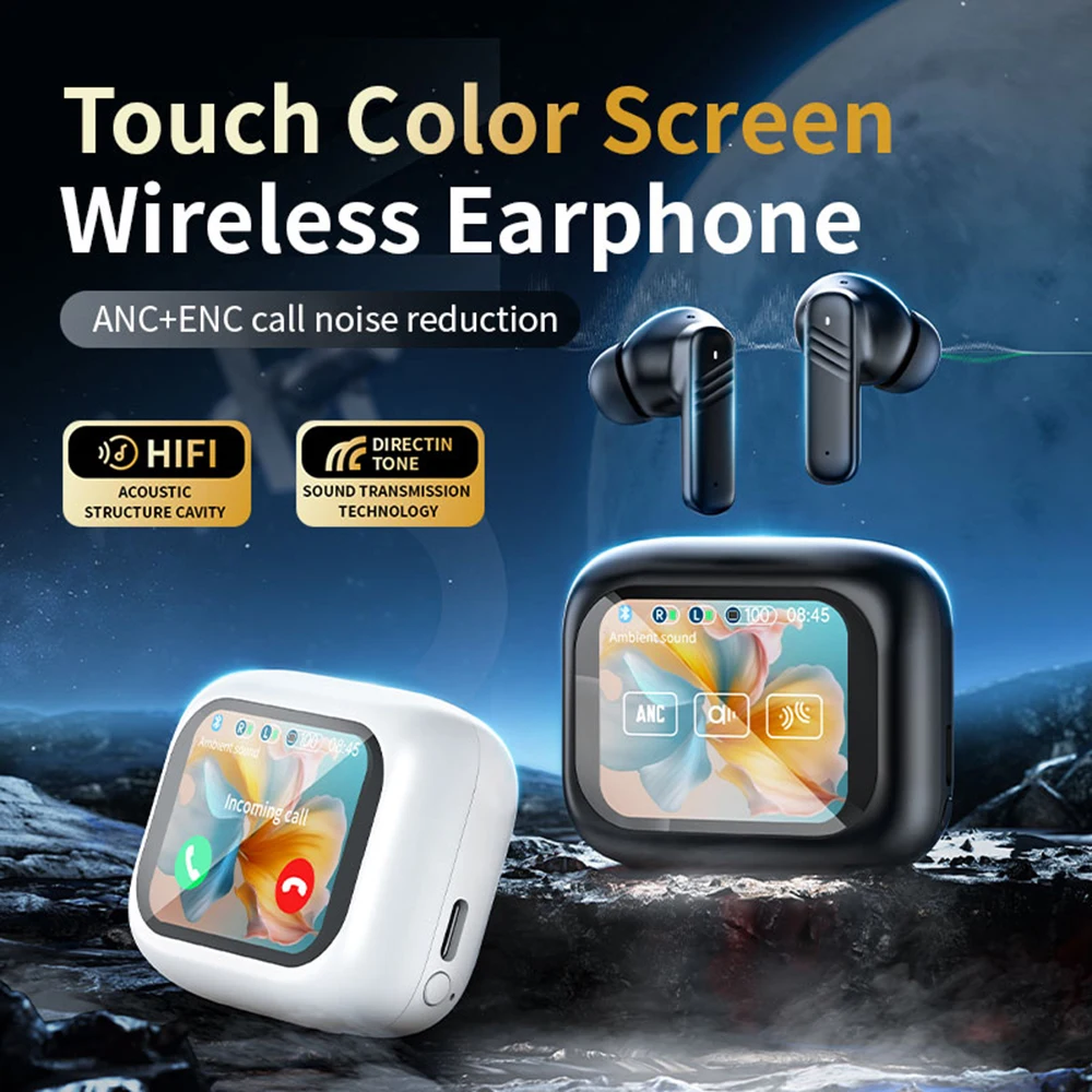 New Full Touch Screen Headphones ANC Bluetooth 5.4 Noise Cancelling Earphones HiFi Stereo Wireless In-Ear ENC Earbuds With Mic