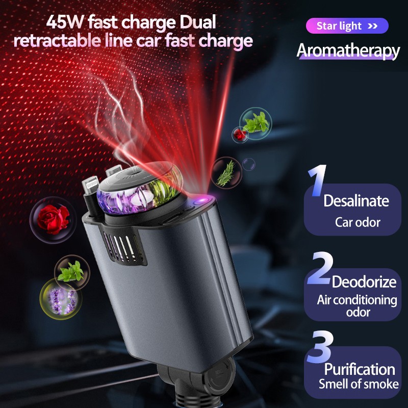 ✅Hot Sale 40% OFF❤️D1 Starry Sky Car Charger with Aroma Diffuser, Ambient Light, Super Fast Charge PD30, Retractable Cable, 5-in-1 Combo