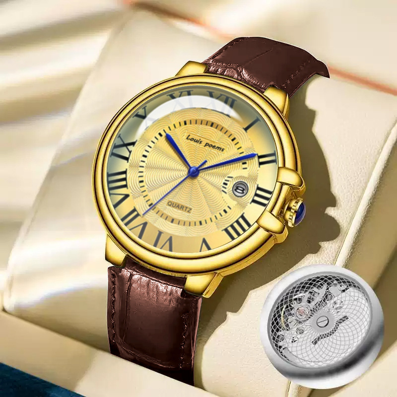 2025 Roman men's fashion quartz watch, business high-end leather strap