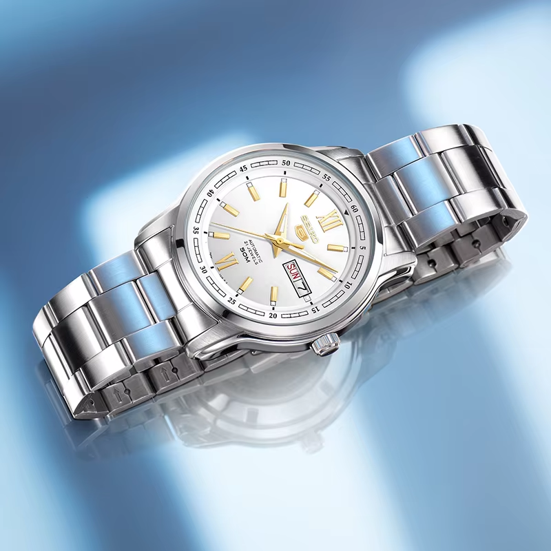 Men's SEIKO No. 5 Sports Steel strip waterproof Business Mechanical Watch White SNKP15K1