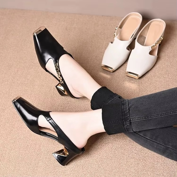 Women's Casual Metal Square Toe Mid Block Heel Mules