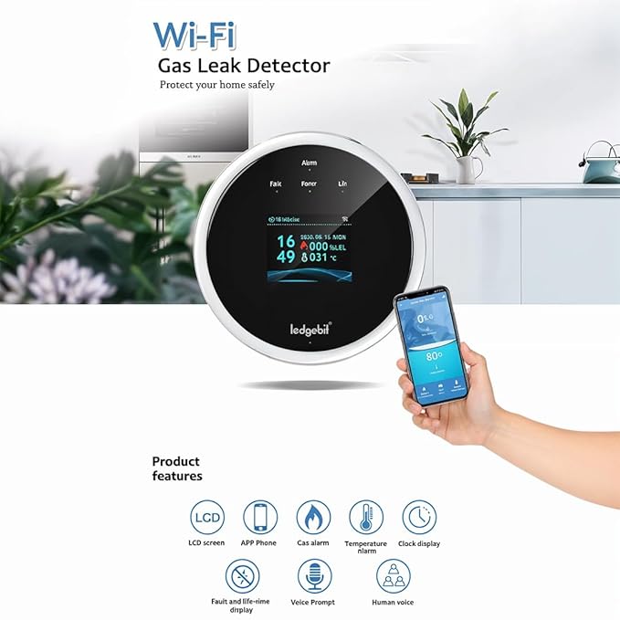 Ledgebit Smart Wi-Fi LPG Gas Leak Detector with LCD Display &amp; Temperature Alarm