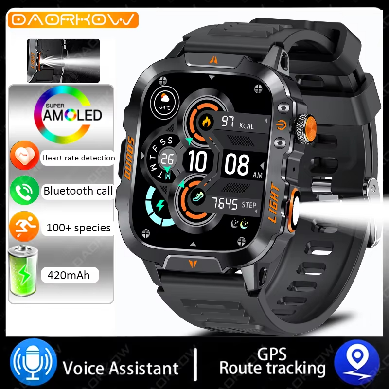 Outdoor smart watch, IP68 life waterproof, LED lights, wireless talk, 100+ sports modes, rugged, suitable for IOS and Android