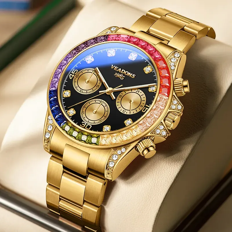 2026 VEADONS 1985 watch Shimmering Men's Business Fashion Rhinestone Decorated AnalogQuartz Watch