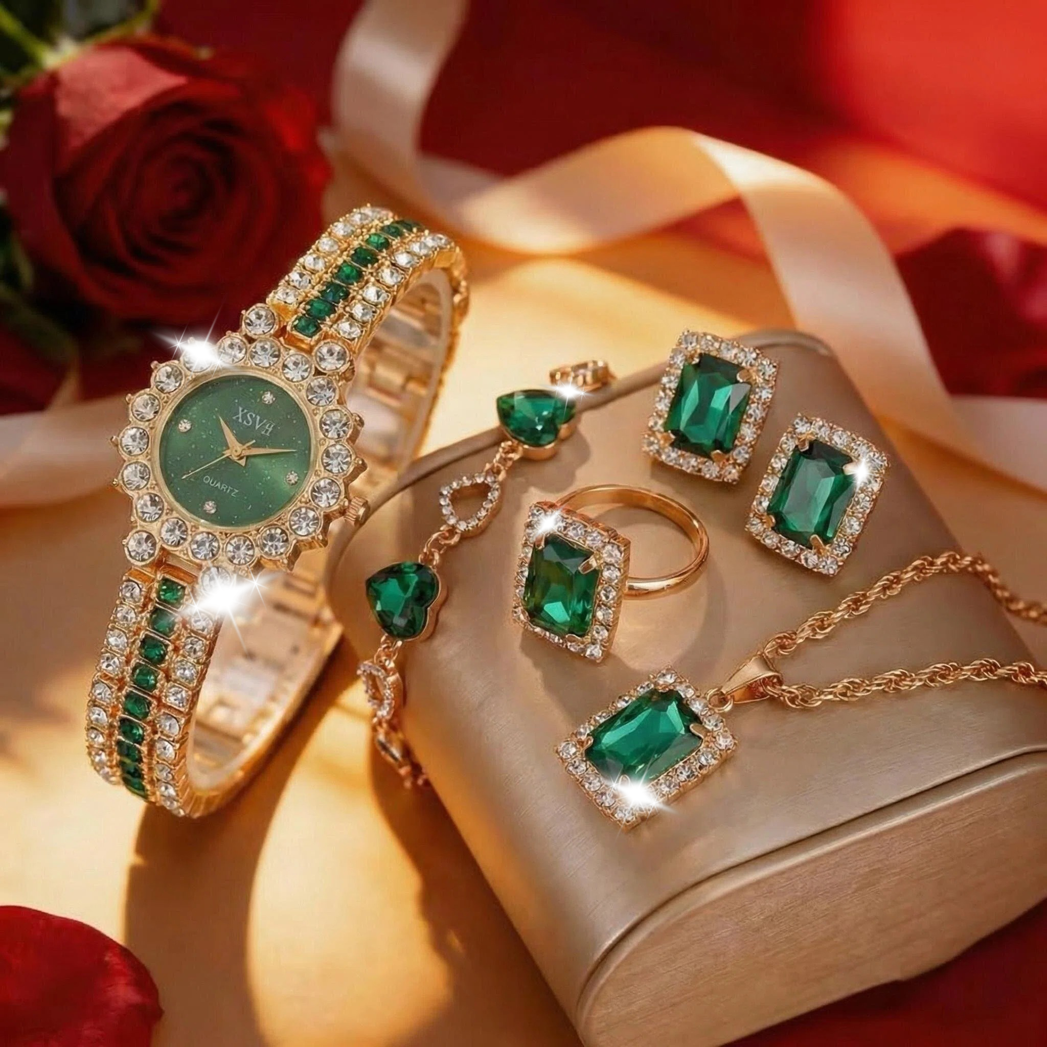 2026 new Ladies quartz watch set, earring set, rhinestone necklace