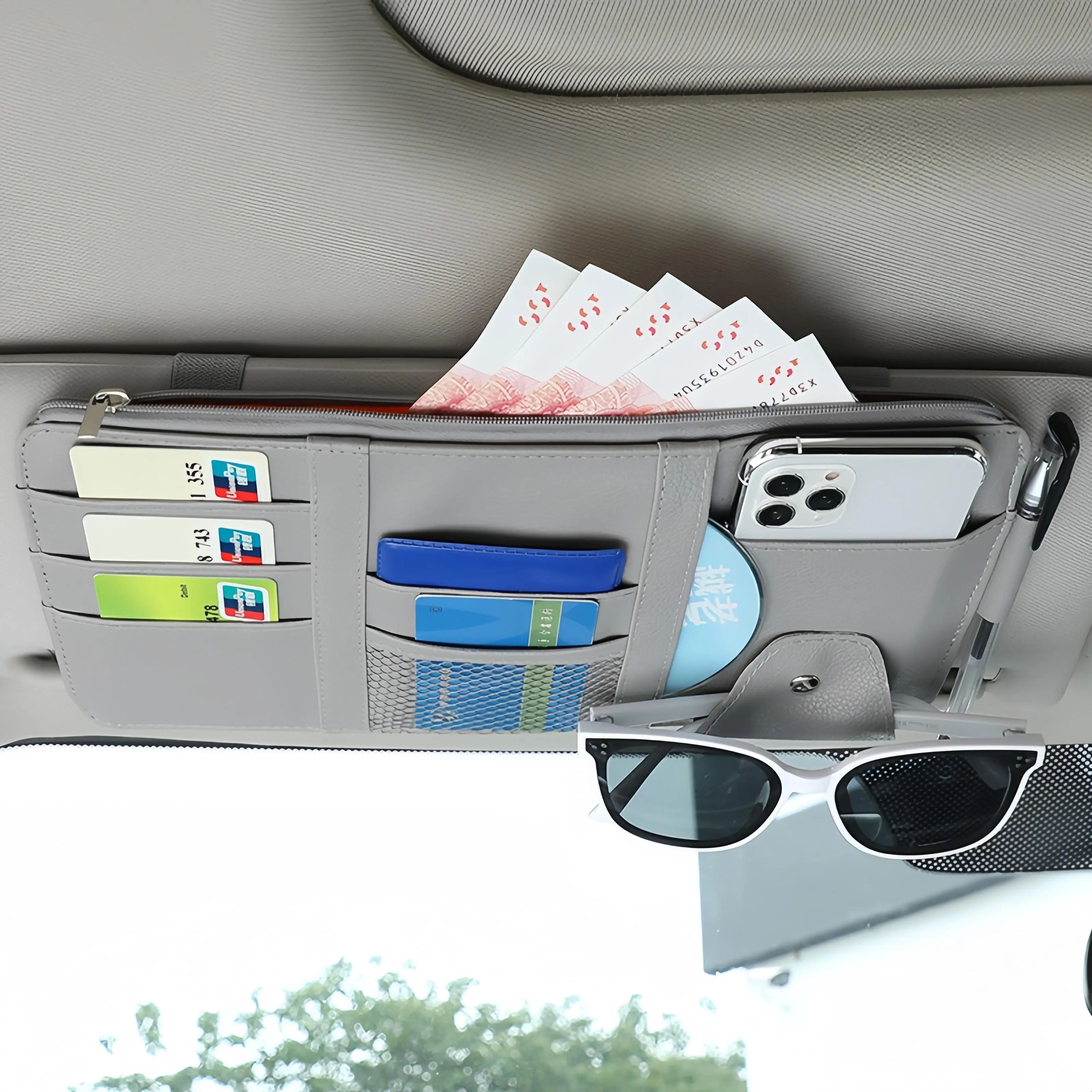Interior Storage Bag Sun Visor MultifunctionalPU Leather Card Holder Driving LicenseGlasses Clip Portable Automotive Storage
