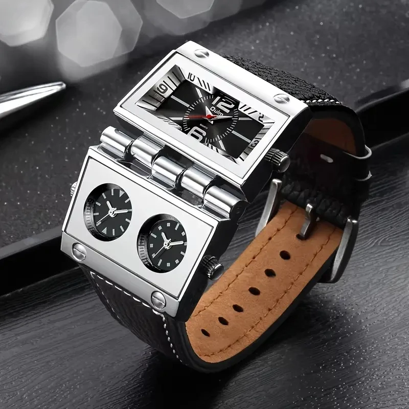 Oulm HP9525 Men's Watch Large Dial | Multi-Time Zone Rectangular Quartz Retro Men's Watch