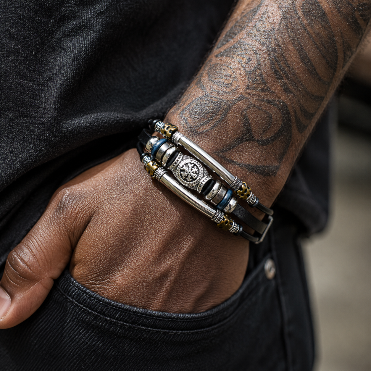 Retro punk genuine leather men's multi-layer bracelet